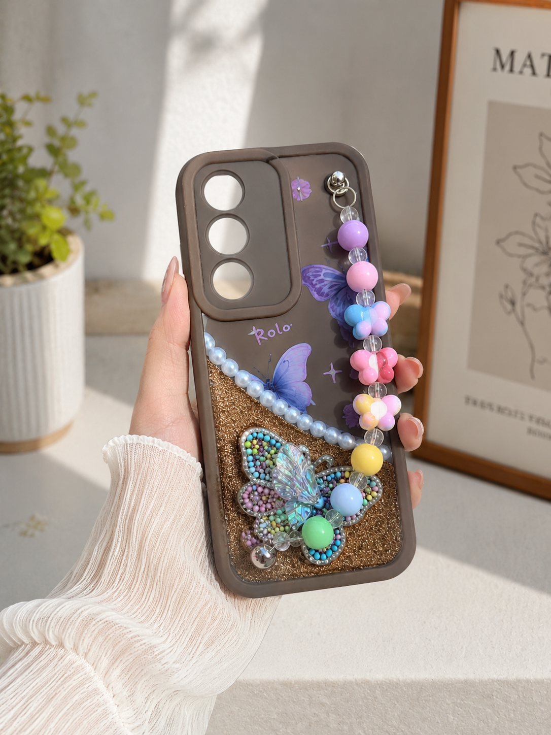 Luxury Beaded Butterfly Back Cover for Oppo A3 Pro – Stylish Hand Strap Case👩🩷.