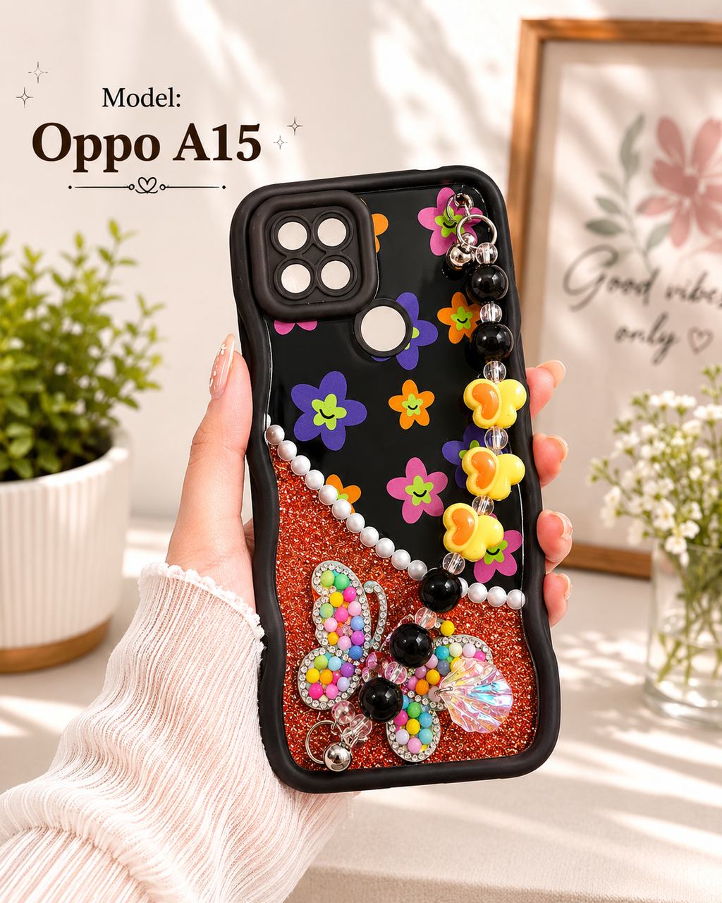 Cute Butterfly Beaded Back Cover for Oppo A15 – Stylish Hand Strap Case❤️