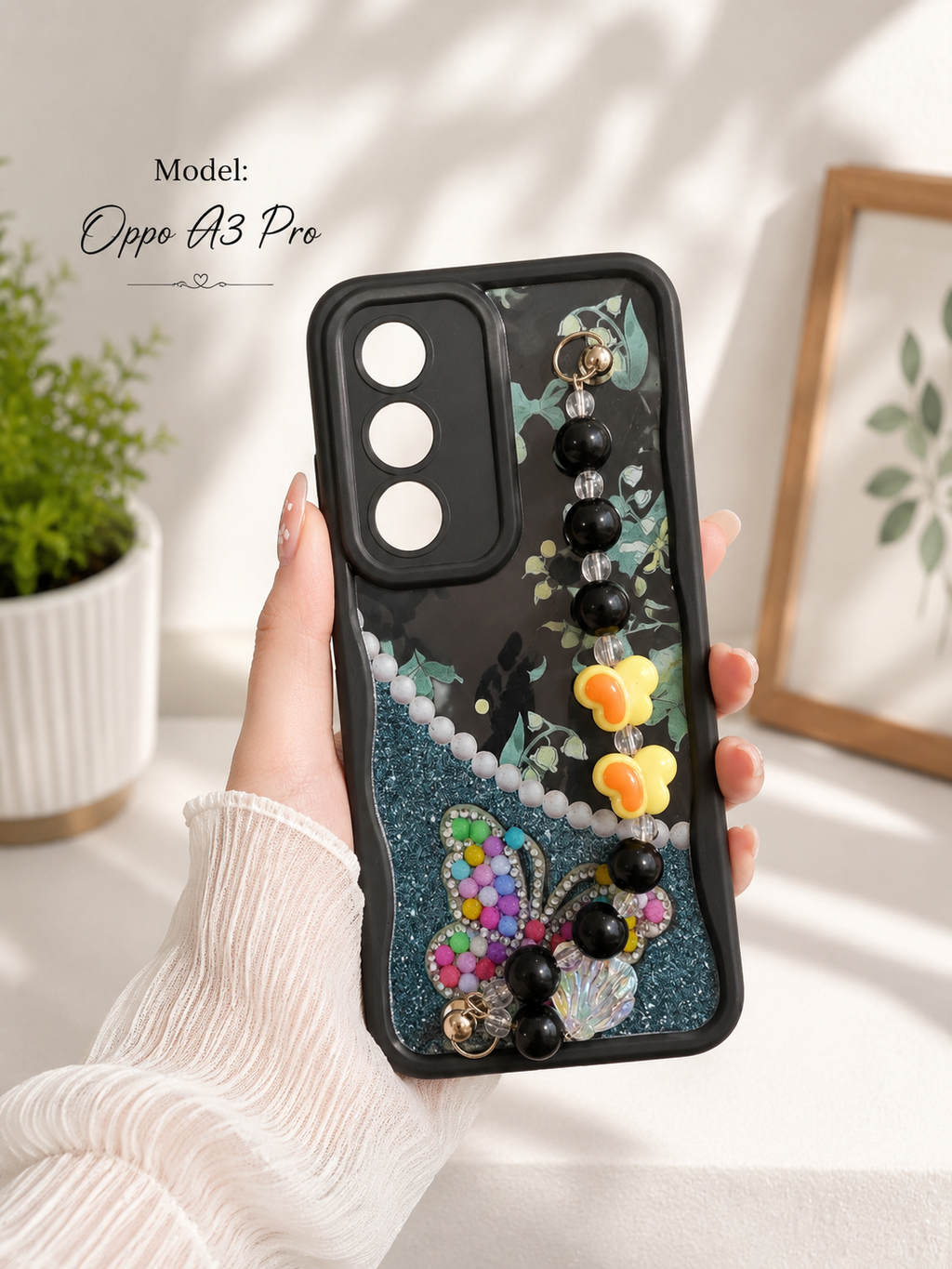 Luxury Beaded Butterfly Back Cover for Oppo A3 Pro – Stylish Hand Strap Case👩🩷.