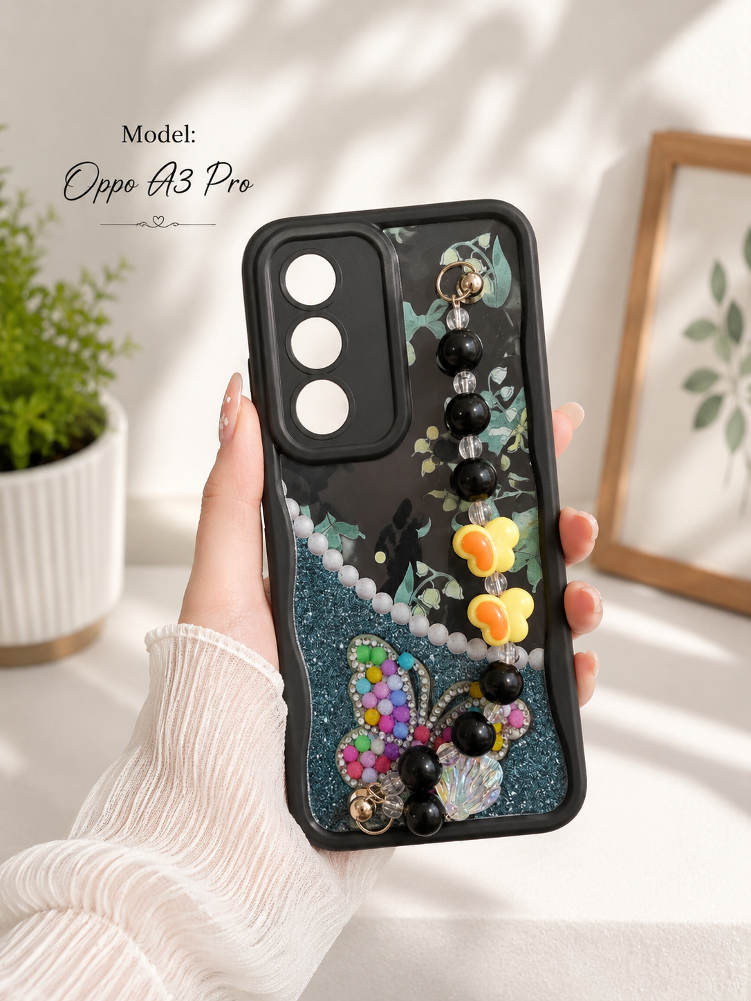 Luxury Beaded Butterfly Back Cover for Oppo A3 Pro – Stylish Hand Strap Case👩🩷.