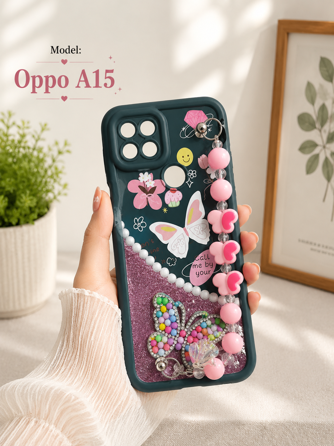 Cute Butterfly Beaded Back Cover for Oppo A15 – Stylish Hand Strap Case❤️